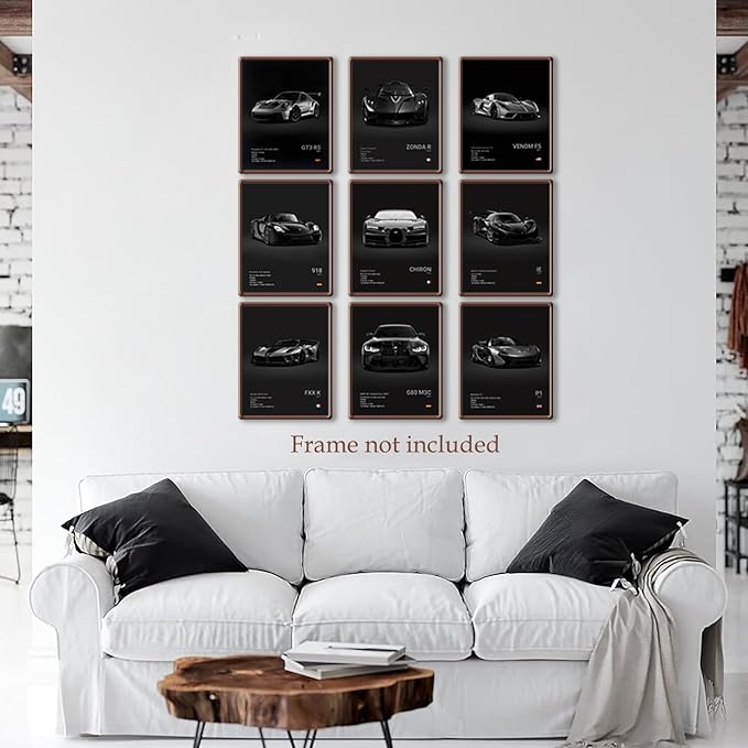 CSLGQGV Car Poster Vintage Racing Car Wall Art Supercar Canvas Prints Painting For Men Room Pictures Guys Dorm Room Aesthetics Decor Bedroom Office (Unframed,8×10inch,9pcs) black