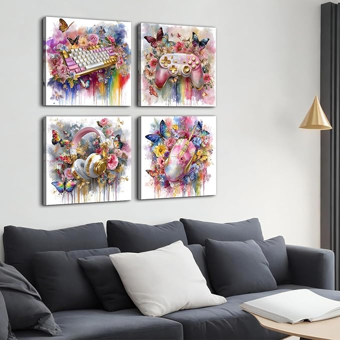 Large 4 Panel Gaming Wall Art Girls Room Decor Pink Floral Butterfly Canvas Print Gamer Bedroom Wall Decor 20x20”, Colorful Controller Headphones Keyboard Mouse Posters Gaming Home Decorations