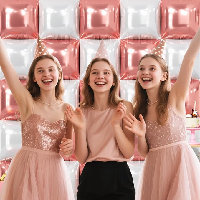 NISOCY 25PCS Rose Gold White Square Foil Balloons Wall Backdrop Double Sided White Rose Gold Balloon Arch Kit for Birthday Wedding Engagement Bridal Shower Valentine Party Decoration