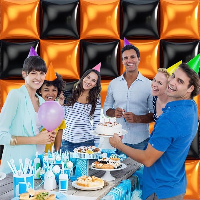 36pcs Black and Orang Square Foil Balloons Wall Backdrop with 147pcs Balloon Garland Arch Kit, Double Sided Balloons for Halloween Graduation Birthday Anniversary Baby Shower Party Decorations