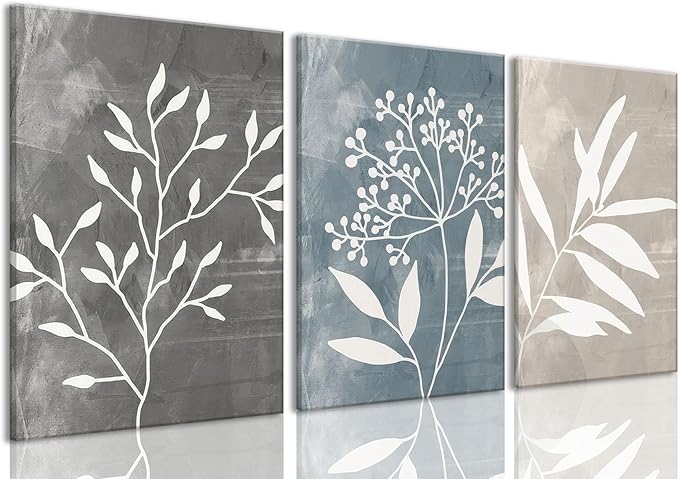 okudolit Vintage Botanical Canvas Wall Art Set of 3 Blue Grey and Beige Neutral Plant Leaf Prints Boho Minimalist Floral Art Pictures Wall Decor for Living Room Bedroom bathroom Office-16x24in