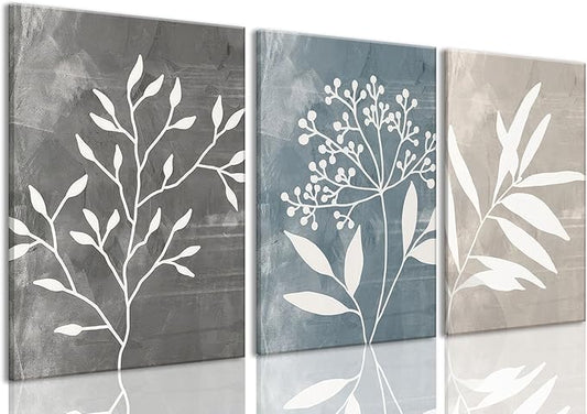 okudolit Vintage Botanical Canvas Wall Art Set of 3 Blue Grey and Beige Neutral Plant Leaf Prints Boho Minimalist Floral Art Pictures Wall Decor for Living Room Bedroom bathroom Office-12x16in