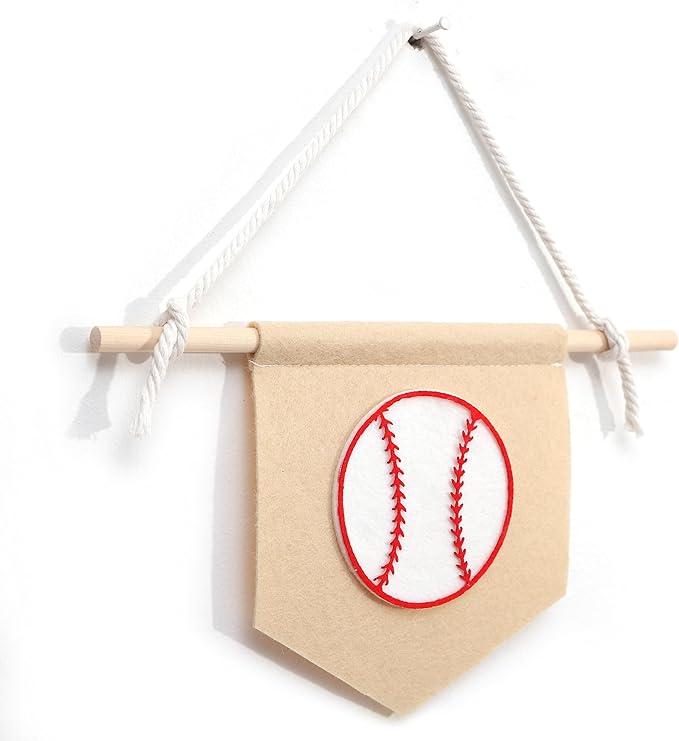 Sports Pennant Wall Hanging, Felt Basketball Football Soccer Wall Art, 11.8x6.6 Inches, Wooden Stick, Kids Room Decor (Football Wall Art) (Baseball Banner)