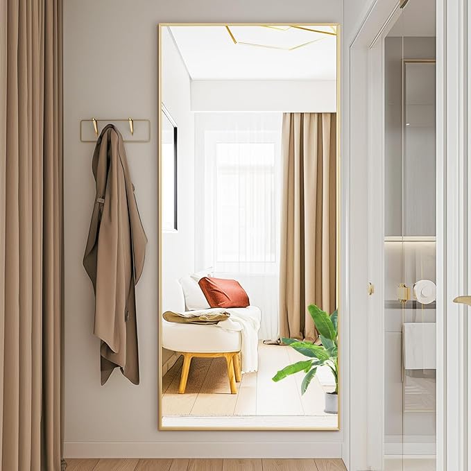 DUMOS Full Length Mirror with Stand, 65"x24" Floor Mirror with Aluminum Alloy Frame for Bedroom, Standing Full Body Mirror with Shatter-proorf Nano Glass for Wall, Living Room, Cloakroom, Gold