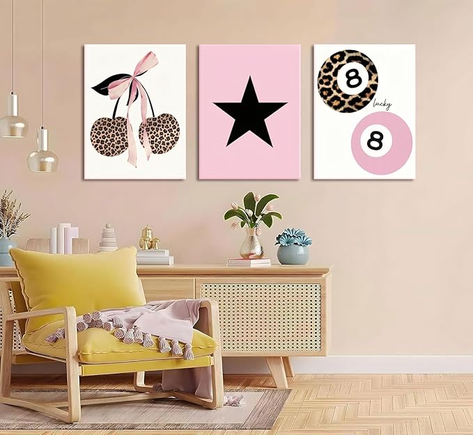 Trendy Pink Leopard Bow Canvas Wall Art Set of 3 Funky Cherry Lucky 8 Ball Posters Prints Wall Decor Cute Coquette Preppy Aesthetic Pictures for Girls Bedroom Dorm Apartment 12x16 In Framed