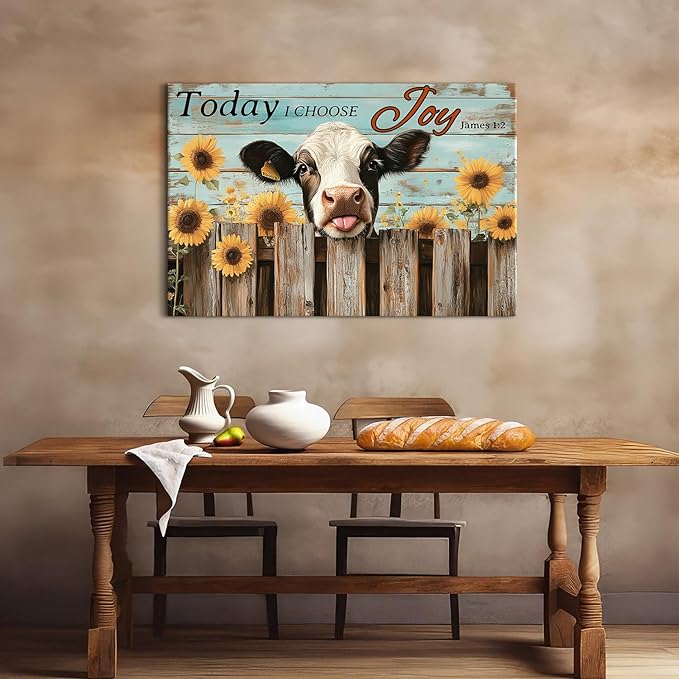 Vintage Funny Cow Canvas Wall Art for Living Room Bedroom Kitchen Decorations 32x48", Today I Choose Joy Pictures Sunflower Wall Decor Christian Bible Verse Poster Painting Farmhouse Prints Artwork