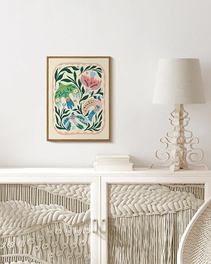 WHASAYART Framed Bird Wall Art 12"x16", Floral Botanical Illustration artwork, Colorful Birds Flowers, Nature Boho Style Print for Living Room Bedroom Nursery Wall Decoration