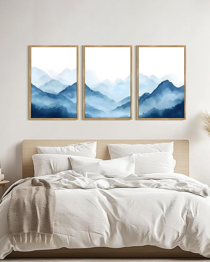 Drsoum Blue Fog Mountains Landscape Wall Art Framed Vintage Nature Misty Nordic Prints Ink Wash Watercolor Boho Farmhouse Rustic Artwork Hallway Bedroom Ready to Hang 24x36in Natural Framed
