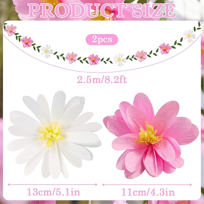 EASY JOY Crepe Paper Flowers Banner White Gradient Pink Flower Banners Spring Hanging Paper Floral Leaves Garland for Spring Birthday Wedding Home Decorations