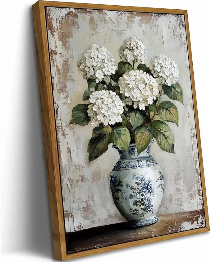 Vintage Chinoiserie Floral Canvas Wall Art White Hydrangea Wall Decor Print Farmhouse Still Life Painting Blue and White Porcelain Picture for home bedroom living room decoration 8x10in frame