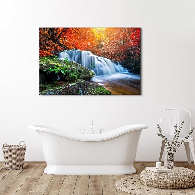 Autumn Red Forest Wall Art Nature Waterfall Wall Decor Forest River Landscape Pictures National Park Posters Rustic Trees Canvas Prints Painting Artwork for Bedroom Living Room Home Decoration 32x48"