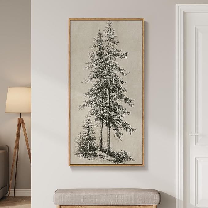Large Framed Vertical Vintage Pine Tree Wall Art for Living Room, Neutral Sketch Rustic Classic Beige Canvas Artwork for Walls, Nordic Forest Farmhouse Wall Decor for Bedroom Hallway Office, 30x60 In