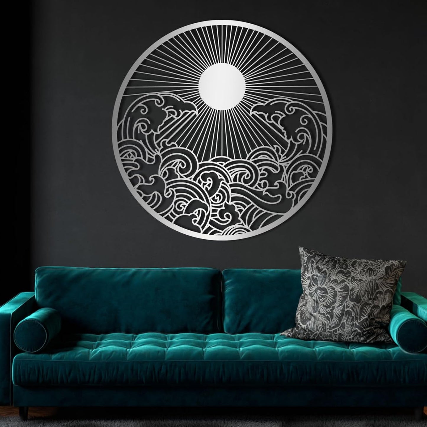flyoak Metal Sun Wall Decor Outdoor, Sunrise Metal Wall Art, Metal Wave Wall Art, Sunrise and Wave Wall Decor, Sunburst Wall Art, Sunset Wall Art, Wall Hangings for Bedroom (Black, 39x39in|100x100cm)
