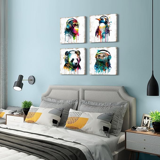 Animals Wall Art Baby Nursery Room Wall Decor Humor Panda Bear Canvas Pictures Kids Bedroom Artwork Colorful Funny Penguin Chimpanzee Posters Graffiti Artwork Living Room Home Decorations 20x20” 4 Pcs