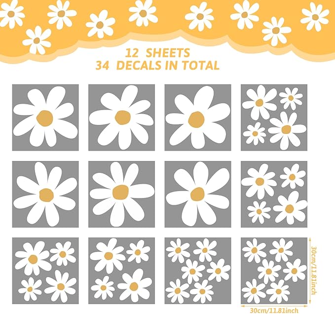 TaoBary 12 Sheet Daisy Wall Sticker Decal Removable Cute Daisy Bedroom Room Decor Flower Wall Sticker Pink White Flower Decal Wallpaper Peel and Stick for Nursery Home(White, Yellow,Cute Style)