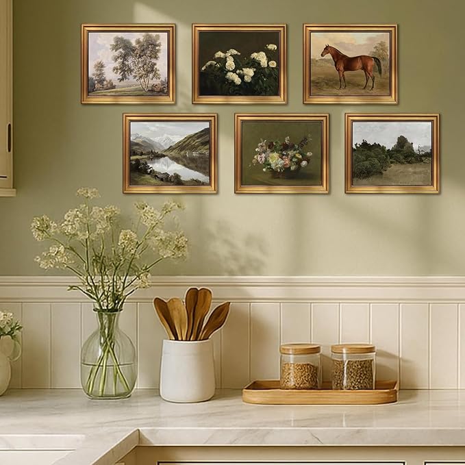 Mynotix Vintage Poster Set of 6, Rustic Eclectic Wall Art, Horse Floral Wall Decor Botanical Mountain Range Canvas Paintings Prints Artwork for Living Room Bedroom Farmhouse 8x10 inch Unframed