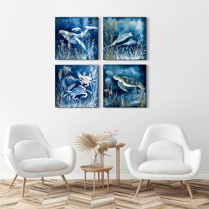 Sea Turtle Wall Art Ocean Wall Decor Navy Blue Coastal Living Room Sea Life Animals Canvas Pictures Whale Turtle Crab Posters Nautical Posters Artwork for Living Room Beach Home Decorations 20x20”