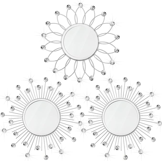 3 Pack Metal Mirrors for Wall Sunburst Wall Mirrors Home Décor Decorative Hanging Wall Art for Living Room Bedroom Entryway (Silver Crystal, Flower+Sunburst)