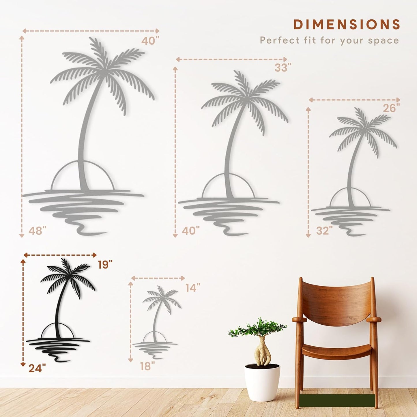 Metal Palm Tree with Sunset Wall Art, Large Outdoor Wall Decor, Tropical Beach Coastal Decor for Living Room, Bedroom, Garden Home Wall Sign, Perfect Metal Wall Art for Beach House, Coastal Theme, and Home Decoration (Gold, 24 x 19 inches)