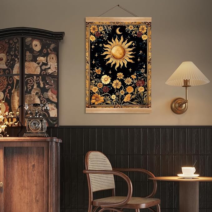 ZTGDA Sun and Moon Wall Art Decor– Vintage Hanging Wall Painting Abstract Poster with Solid Wood Frame, Boho Wall Decor,Mystical Celestial Floral Poster for Bedroom, Office(Sun)