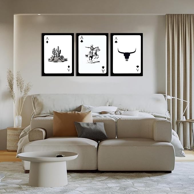 Western Cowboy Wall Art Set of 3 Southwestern Cowboy Print Playing Card Canvas Wall Decor Longhorn Bull Skull Poster Picture Prints Painting for Bedroom Living Room 16x24 In Framed
