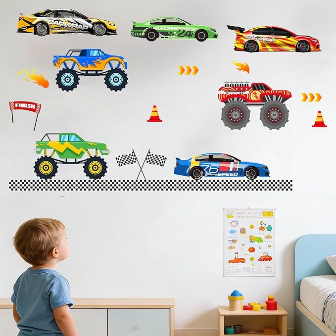 Car Wall Decals for Boys Kids: Racing Cars Theme Peel and Stick Removable Vinyl Wall Stickers for Boys Room Kids Bedroom Walls Decor Ages 1-12 Years