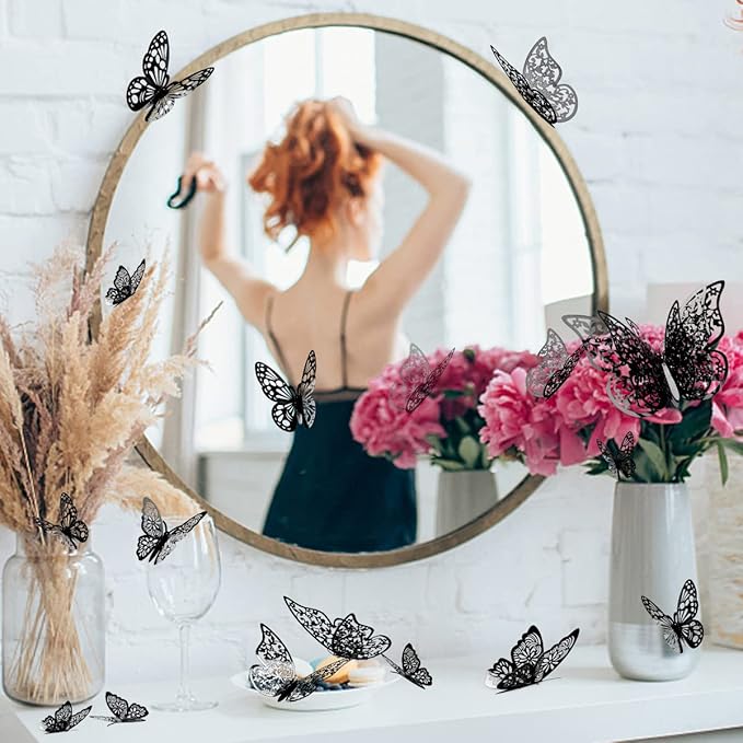 72 Pcs 3D Butterfly Wall Decor - 3 Styles, 3 Sizes, Black, Wedding & Birthday Party Decorations, Girls Bedroom Decoration