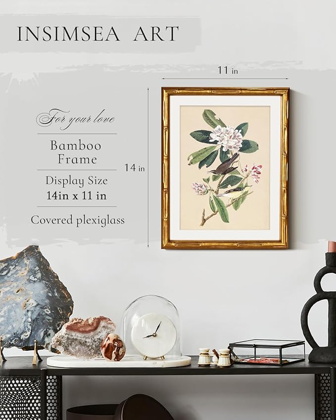 InSimSea Gold Bamboo Framed Canvas Wall Art, 11x14inch, Vintage Bird Floral Botanical Paintings, Antique Picture Frame with Mat, Victorian Home Wall Decor for Living Room Bedroom