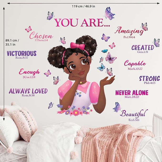 DECOWALL SG2-2315 Black Girl Magic Wall Stickers Decals Girls Bedroom Butterfly Kids Room Art Toddler Decorations Butterflies Baby Nursery Afro Door Wallpaper Pink