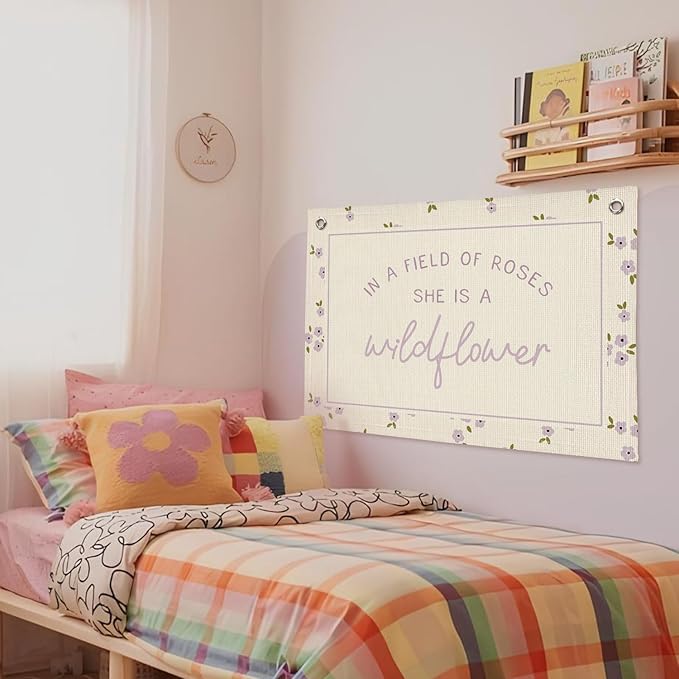Wildflower Nursery Decor, Girls Room Decor - In a Field Full of Roses She Is a Wildflower Pink Linen Banner Flag for Little Girl Baby Girl - Purple Wildflower