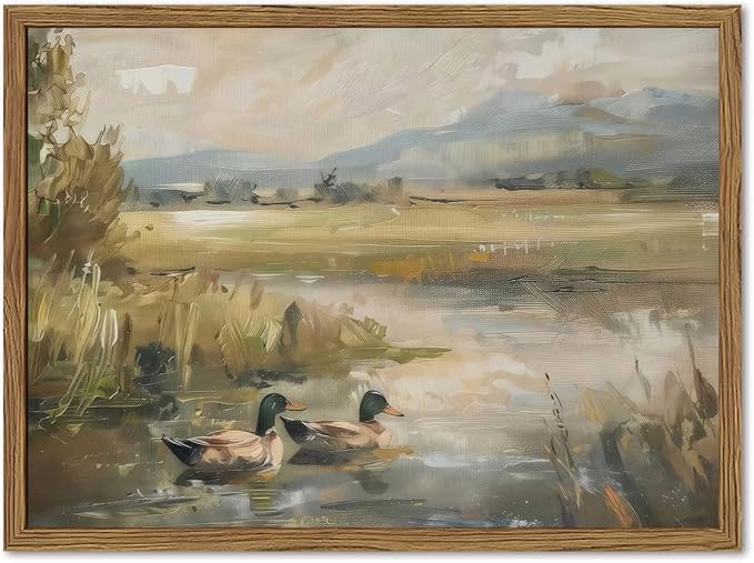 Framed Vintage Mallard Duck Wall Art Countryside Wildlife Pond Nature Canvas Prints Rustic Landscape Pictures Wall Decor for Living Room Bedroom Dining Room Offices 12x16 inch