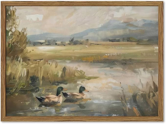 Framed Vintage Mallard Duck Wall Art Countryside Wildlife Pond Nature Canvas Prints Rustic Landscape Pictures Wall Decor for Living Room Bedroom Dining Room Offices 12x16 inch