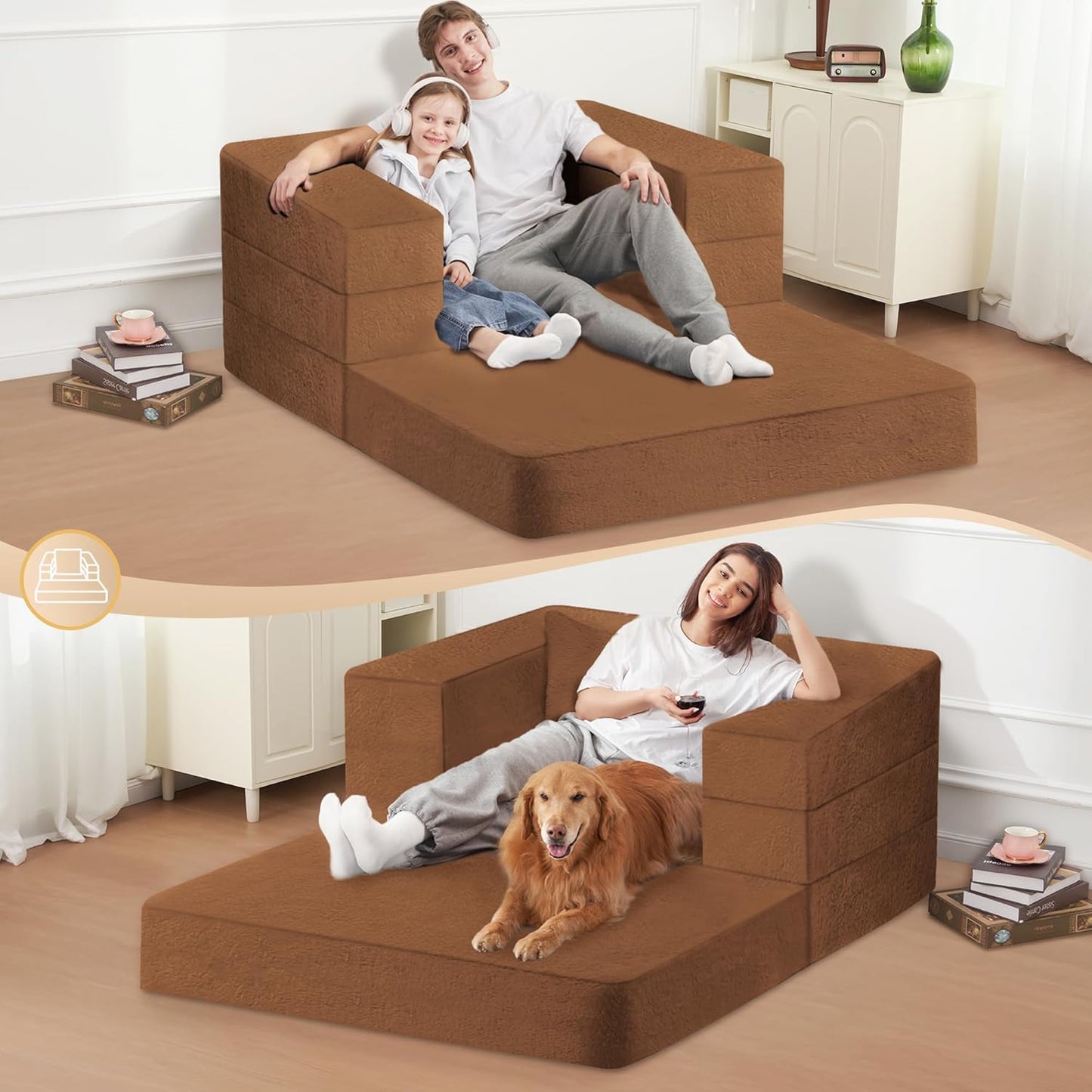 Folding Bean Bag Chair for Adults,3-in-1 Bean Bag Couch Faux Fur Floor Sofa Large Beanbag Convertible Bean Bag Sofa Bed with Pillow in Bedroom,Living Room,Apartment(Twin,Caramel)