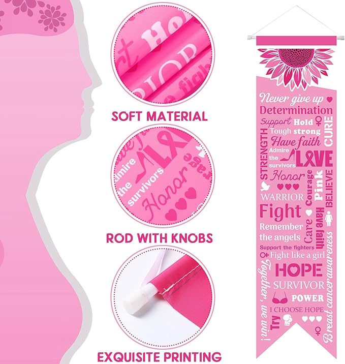 3 Pieces Breast Cancer Awareness Decorations Pink Ribbon Banners Porch Signs Awareness Ribbon Hanging Backdrops for Indoor Outdoor Breast Cancer Party Decor Supplies