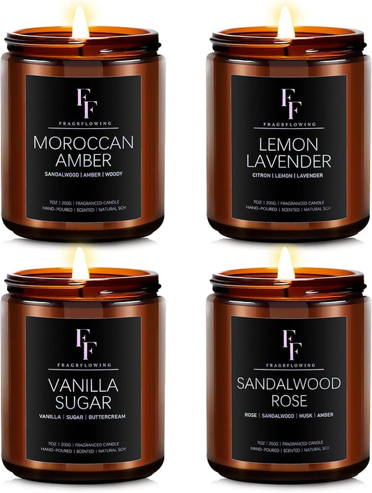 Scented Candles for Home Scented Aromatherapy Candles, 4 Pack 28 Oz Soy Wax Candle Gift Set for Women Men (Lemon Lavender/Vanilla Sugar/Sandalwood Rose/Moroccan Amber)