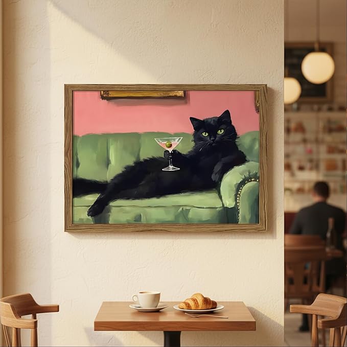 Funny Black Cat Martini Wall Art Eclectic Whimsical Cat Wall Decor Cocktail Bar Cart Painting Canvas Print Cute Animal Pictures for Bedroom Living Room Kitchen 8x10 inch Wood Framed
