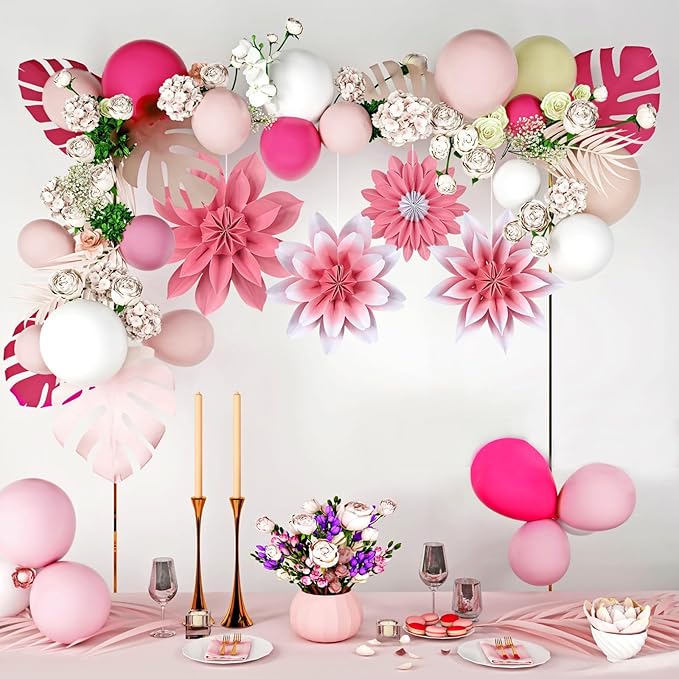ADLKGG Paper Flower Fan Decorations, Pink Paper Fan Flower Wall Background for Classroom Decor, Tea Party, Spring Summer Party, Birthday, Baby Shower, Wedding, Valentines Day Decorations, Set of 4