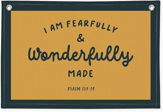 Kids Room Decor - Bible Verse Wall Hanging, 'I am Fearfully and Wonderfully Made' Linen Banner, Canvas Decoration for Classroom, Nursery - Retro
