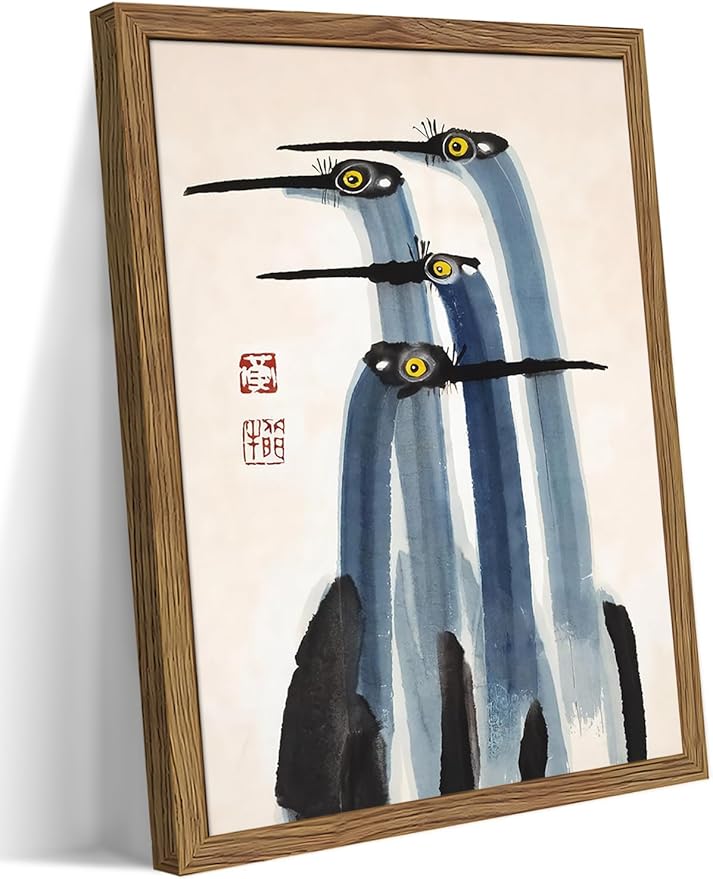 Framed Vintage Canvas Wall Art, Elegant Ink Cranes Painting, Antique Watercolor Prints, Classic Chinese Style Bird Artwork, Farmhouse Wall Decor for Living Room Study Office – 16x24 inch
