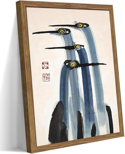 Framed Vintage Canvas Wall Art, Elegant Ink Cranes Painting, Antique Watercolor Prints, Classic Chinese Style Bird Artwork, Farmhouse Wall Decor for Living Room Study Office – 16x24 inch