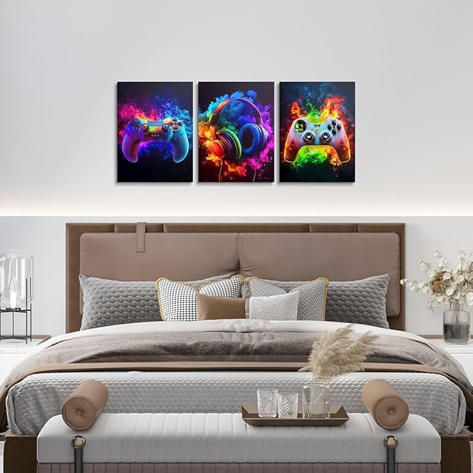 Feelyou Gamer Framed Canvas Wall Art Gaming Wall Decor for Bedroom Game Controller Pictures Painting for Room Office Wall Decorations Gaming Gifts Posters Artwork Gamepad Blue 12"x16"x 3Pcs