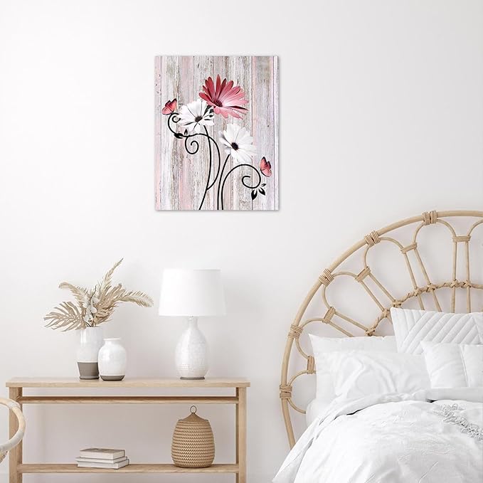 HVEST Pink Floral Canvas Wall Art Farmhouse Flower Daisy Butterfly Pictures Wall Decor Rustic Country Plant Wall Art for Bathroom Living Room Bedroom Kitchen Decor Ready to Hang, 20Lx16W Inches