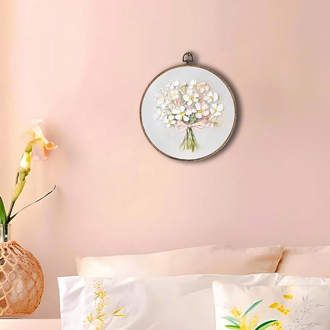 Vintage Pink Bow Floral Bouquet Round Wall Art Framed, White Floral Round Wall Decor, Vintage Flower Hanging Canvas Prints Wall Sculptures for Home Bedroom Living Room Decor, 10x10 Inch