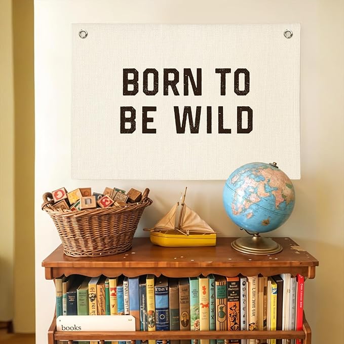 Born To Be Wild Linen Canvas Banner, Boys Kids Room Wall Hanging Banner Flag Decor for Playroom Bedroom Nursery, 30x20 Inch