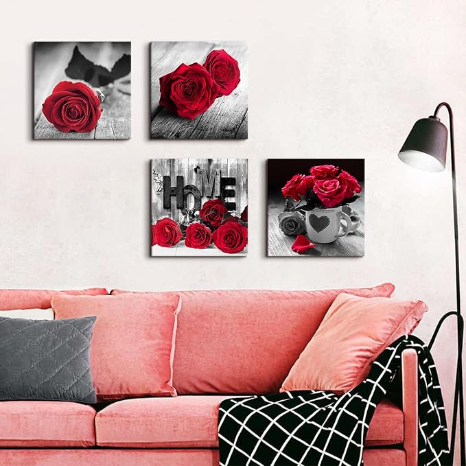 Red Wall Decor for Bedroom Red Bathroom Accessories Black and White Canvas Wall Art Rose Pictures for Living Room Home Decorations Flower Painting Couples Bedroom Kitchen Modern Artwork 12x12"4Pcs/Set