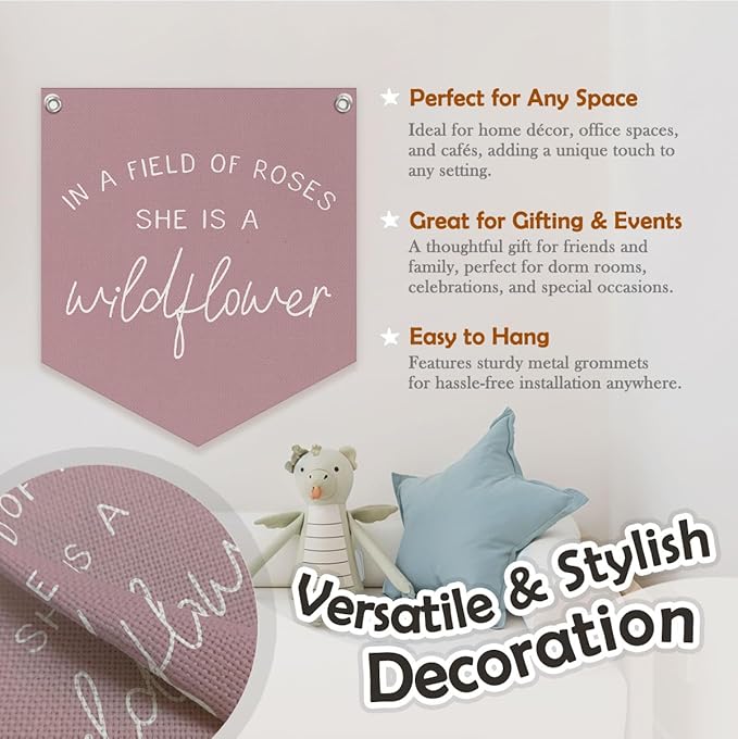 Wildflower Nursery Decor, Girls Room Decor, In a Field Full of Roses She Is a Wildflower Banner, Pink Linen Banner Flag Decor for Little Girl Baby Girl 14.5x12.6 in