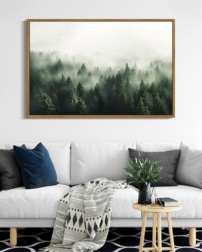 SHENIFY Green Fog Pine Tree Forest Vintage Framed Wall Art Modern Landscape Scenery Farmhouse Artwork Prints Decor for Hallway Living Room Bedroom Dining Room - 24x36in Natural Framed