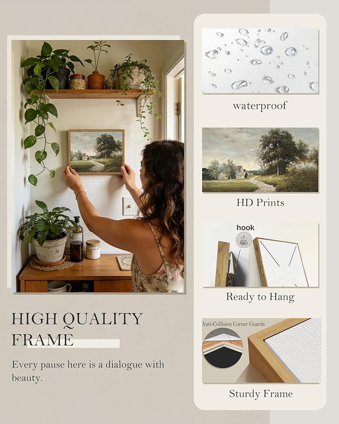 SHENIFY Vintage Landscape Framed Wall Art Rustic Cottage Countryside Farmhouse Decor Retro Painting for Kitchen Living Room Bedroom Bathroom - 8x10in Natural Framed
