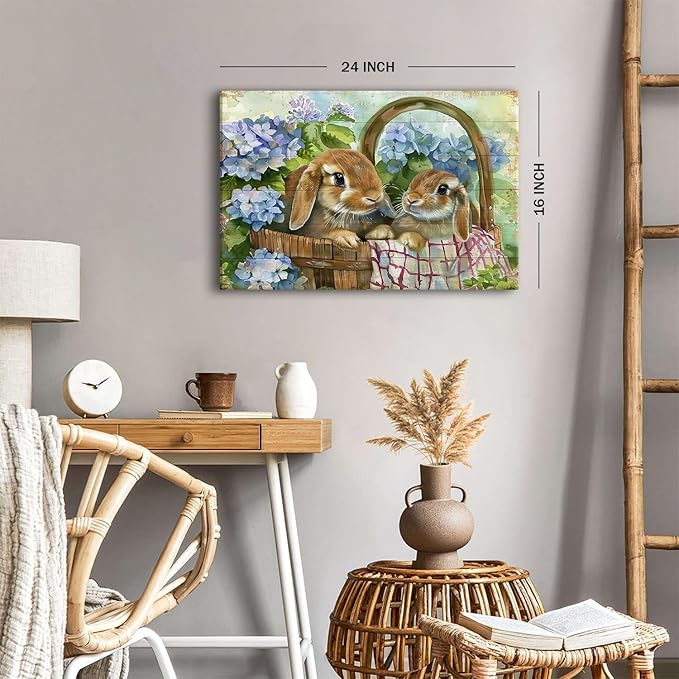 Farmhouse Bunny Wall Art Rabbit Pictures Easter Wall Decor for Bedroom Funny Bunny Canvas Painting Blue Flowers Poster Vintage Wood Grain Prints Artwork Kitchen Living Room Home Decoration 16x24"