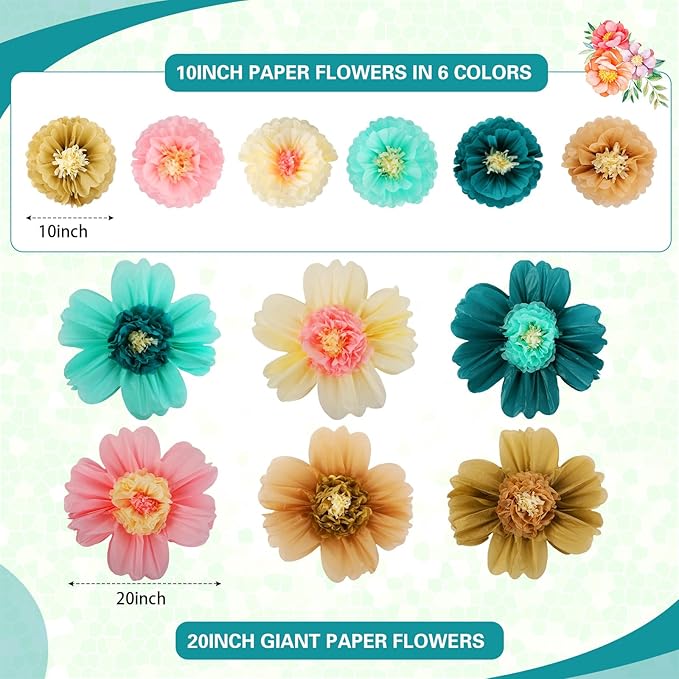 Crowye 12 Pcs Large Colorful Tissue Paper Flowers Decorations 20" Giant Fiesta Craft Crepe Paper Flowers for Wall Decor Backdrop Mexican Wedding Birthday Carnival Party (Stylish Color)